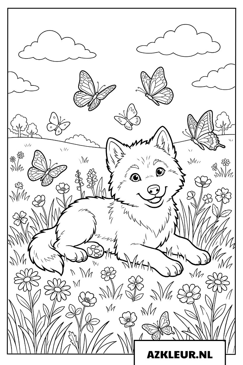 Kleurplaat wolfje met vlinders