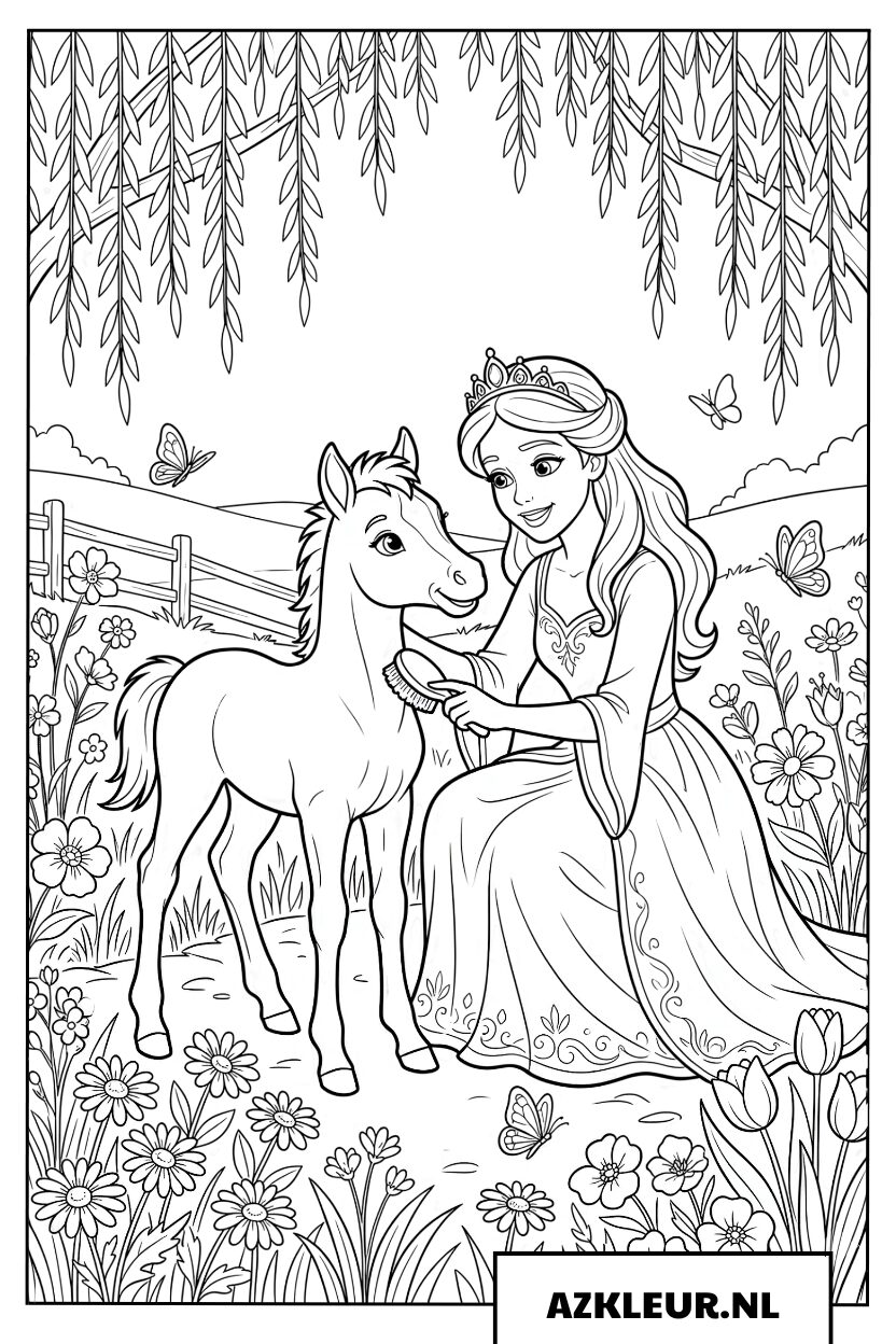 Lieve prinses verzorgt haar kleine paardje Kleurplaat