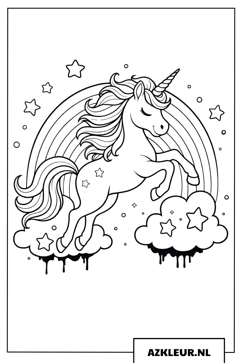 Magische eenhoorn op de regenboog en sterren Kleurplaat