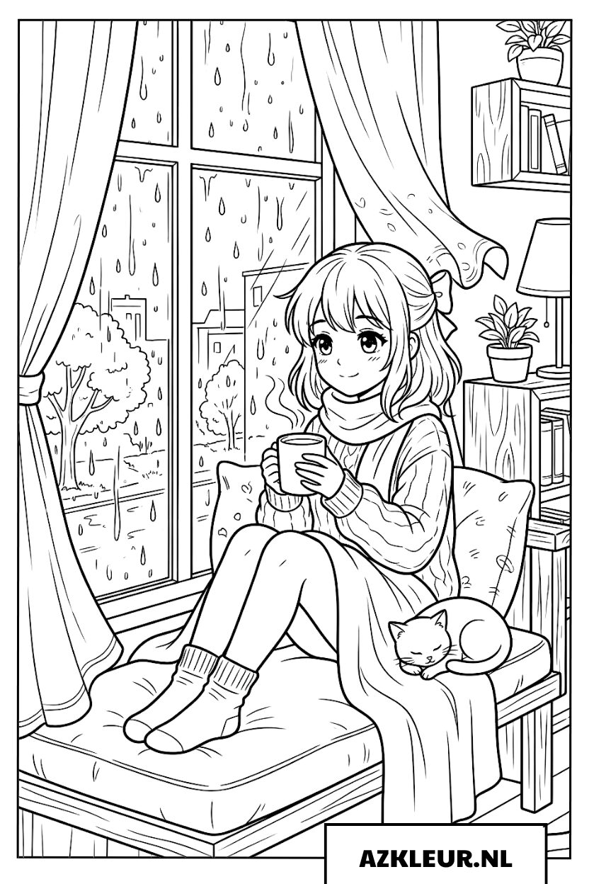 Manga meisje geniet rustig van warme thee bij het raam Kleurplaat