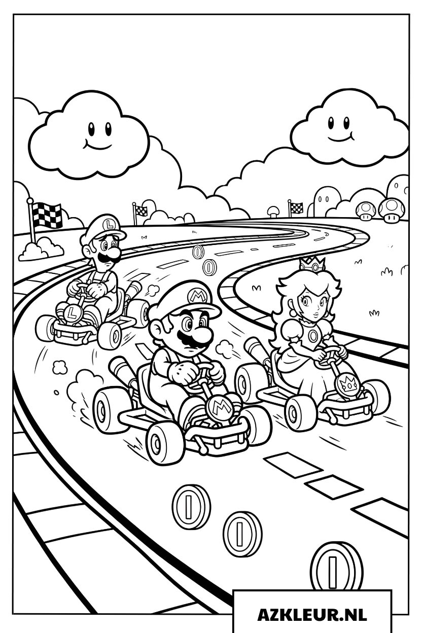 Mario, Luigi en Prinses Peach strijden om de winst Kleurplaat