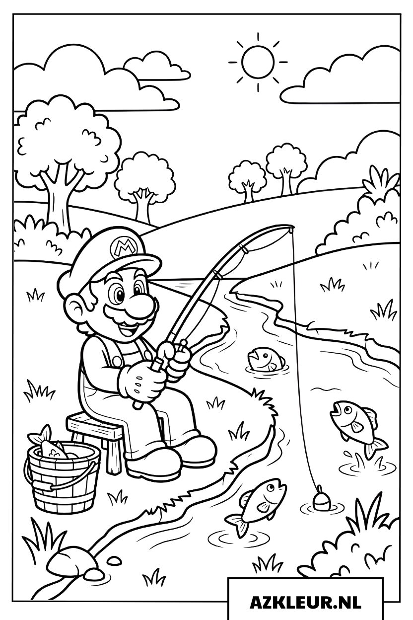 Mario aan het vissen bij de rivier kleurplaat