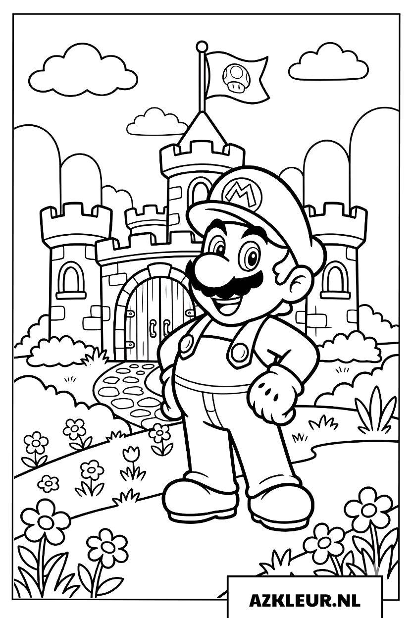 Mario bij de kasteelingang kleurplaat