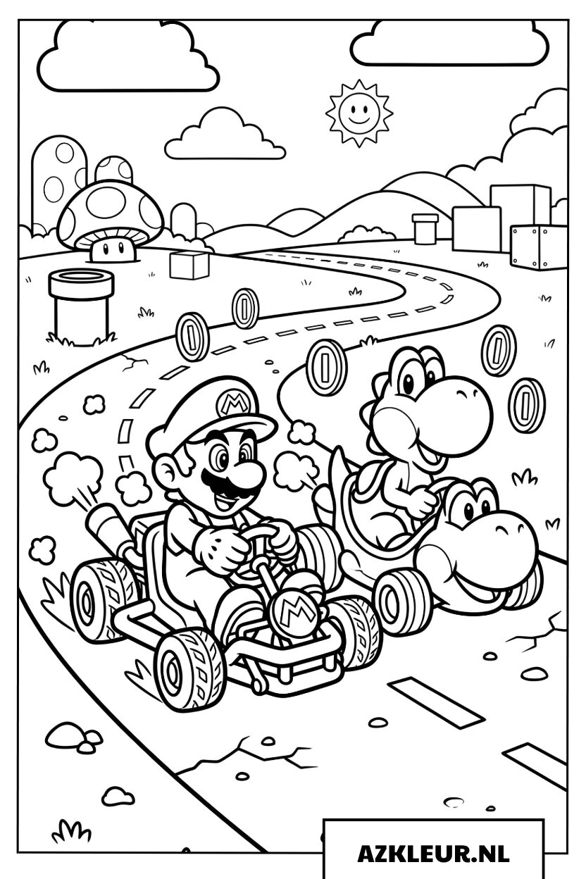 Mario en Yoshi racen op een baan vol munten Kleurplaat