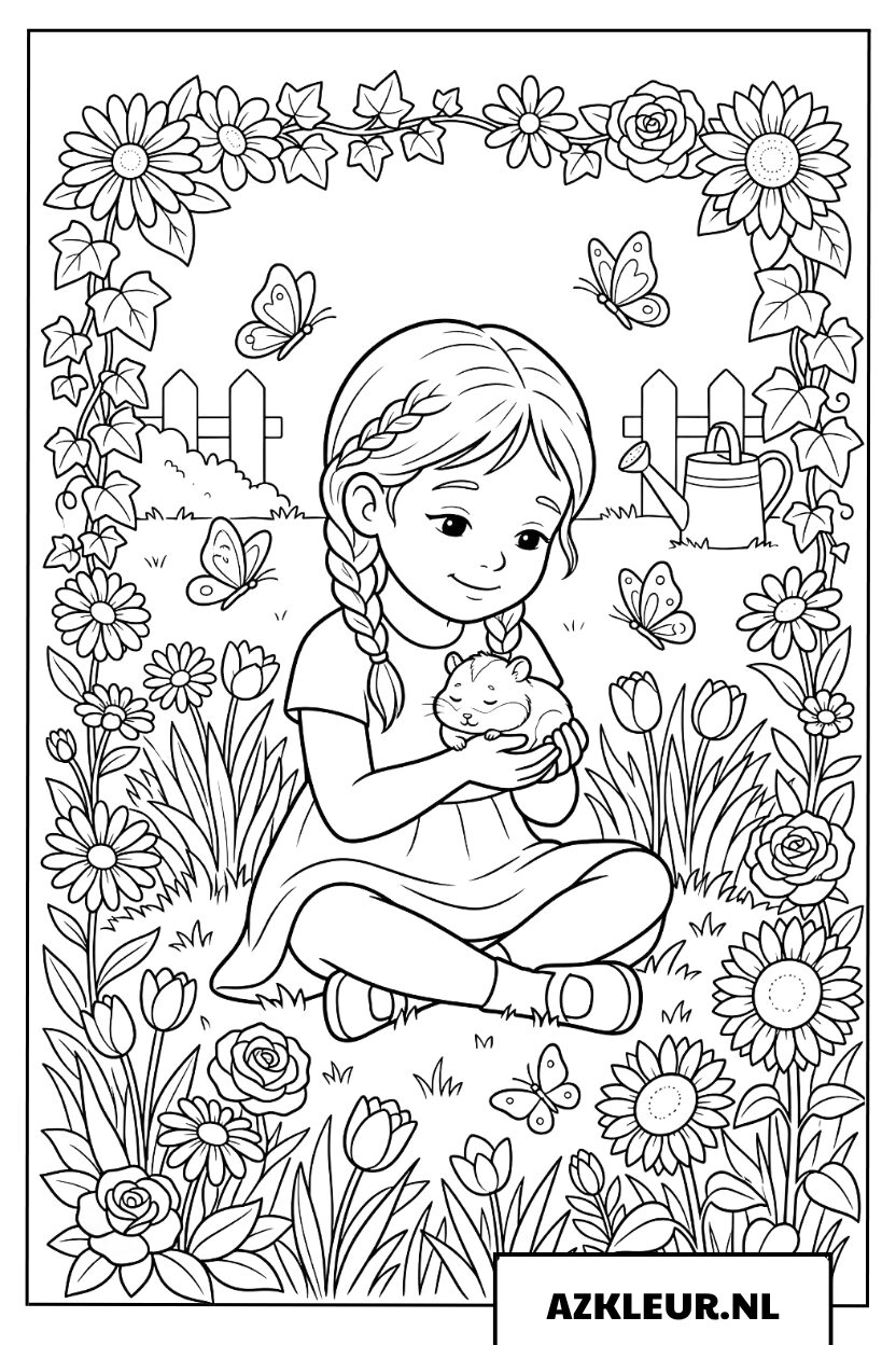 Meisje knuffelt teder haar hamster in de bloementuin Kleurplaat