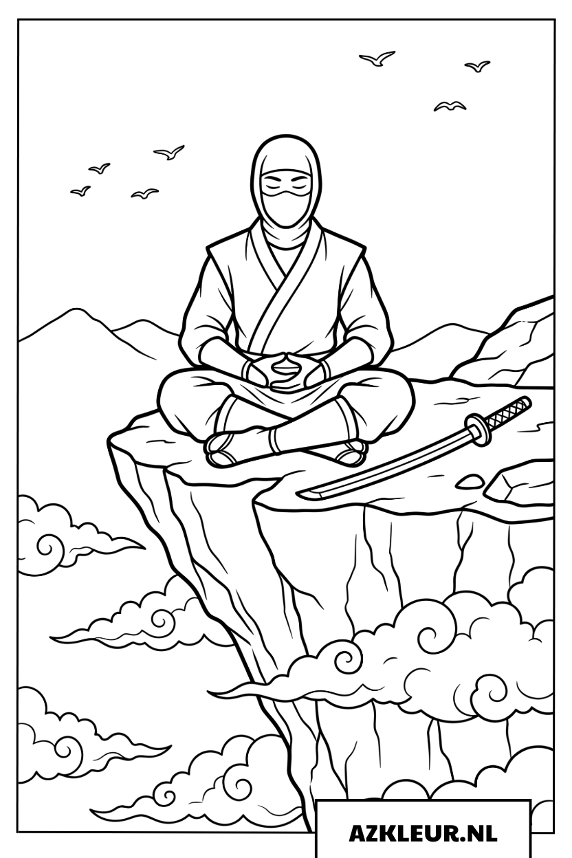 Ninja krijger mediteert in rust op een bergtop Kleurplaat