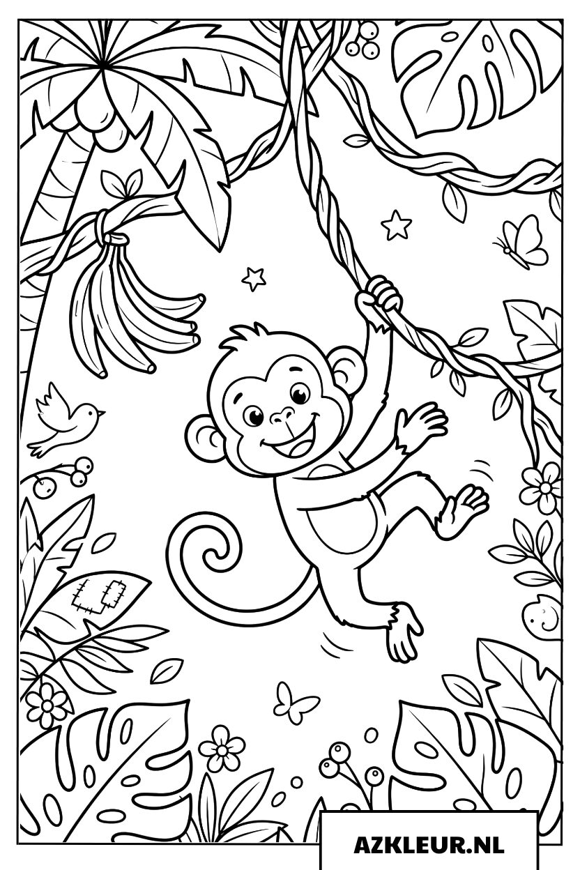 Ondeugende baby aap slingert door de jungle Kleurplaat