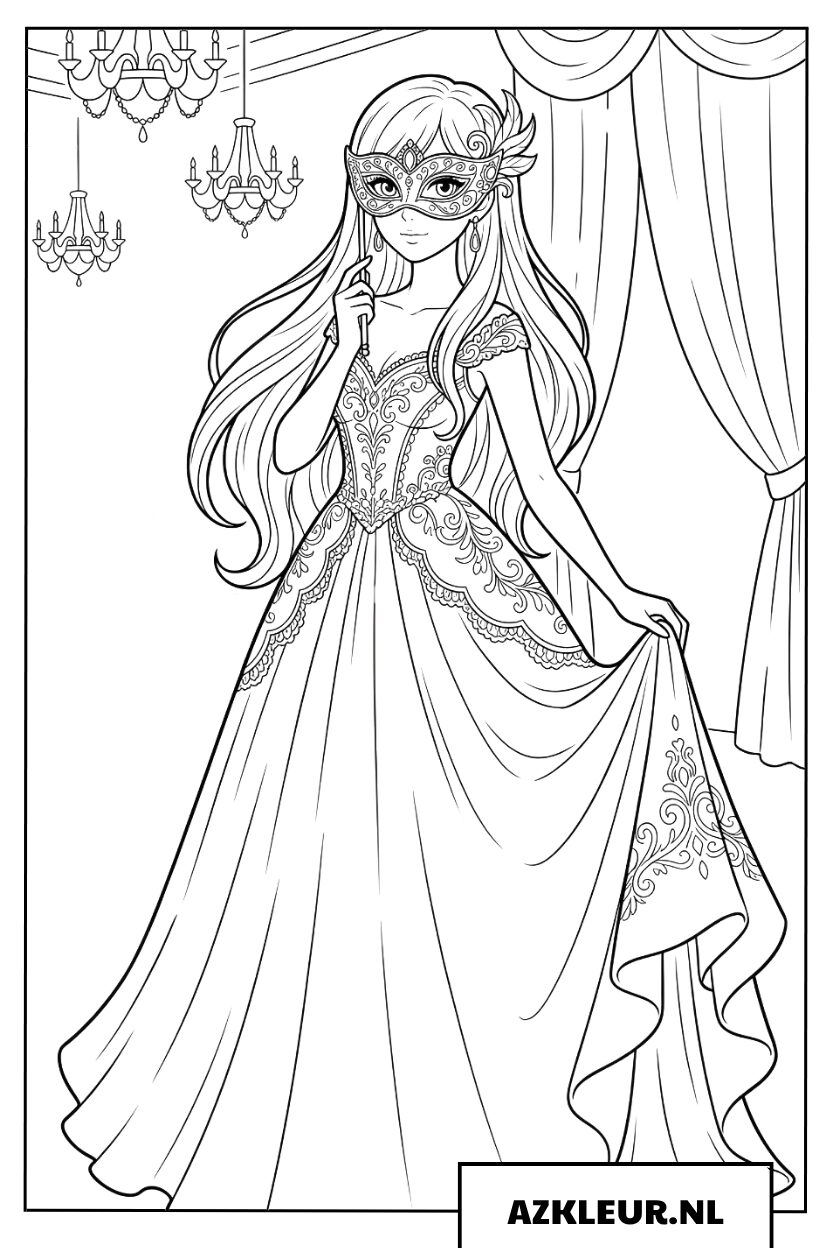 Prachtige prinses met een masker Kleurplaat