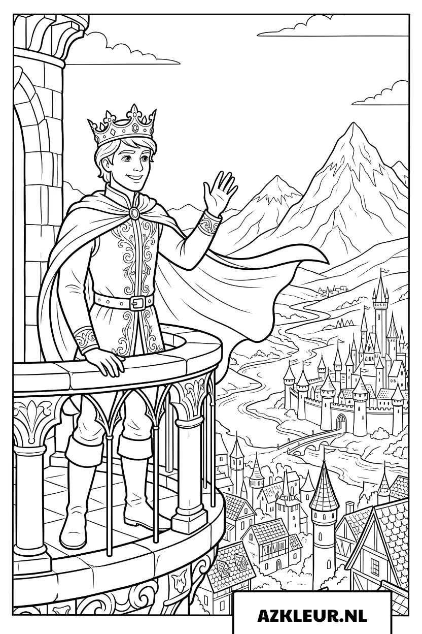 Prins zwaait naar het koninkrijk vanaf het kasteelbalkon Kleurplaat