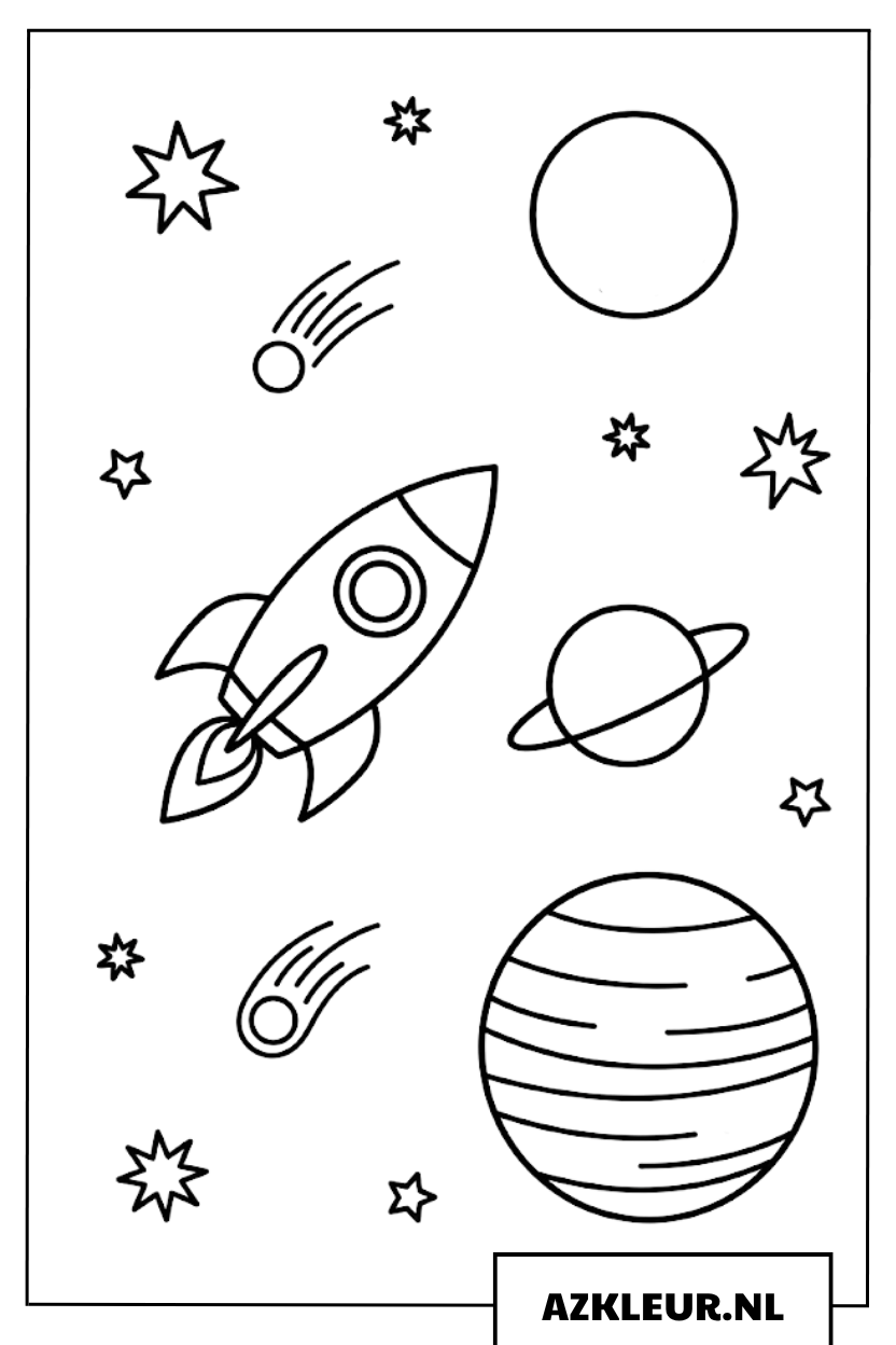 Raket en planeten in de ruimte kleurplaat