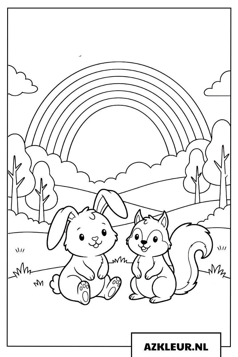 Regenboog met Dieren in de Natuur Kleurplaat