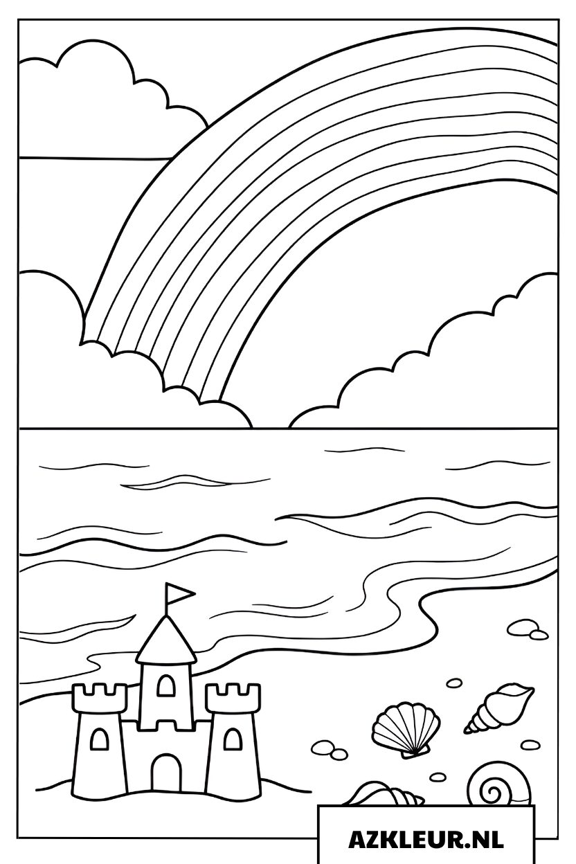 Regenboog op het Strand Kleurplaat