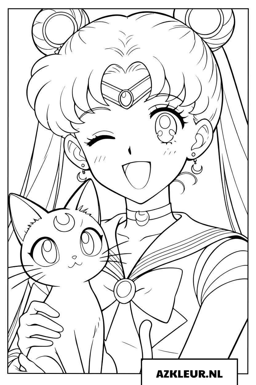 Sailor Moon glimlacht stralend met de schattige kat Luna Kleurplaat