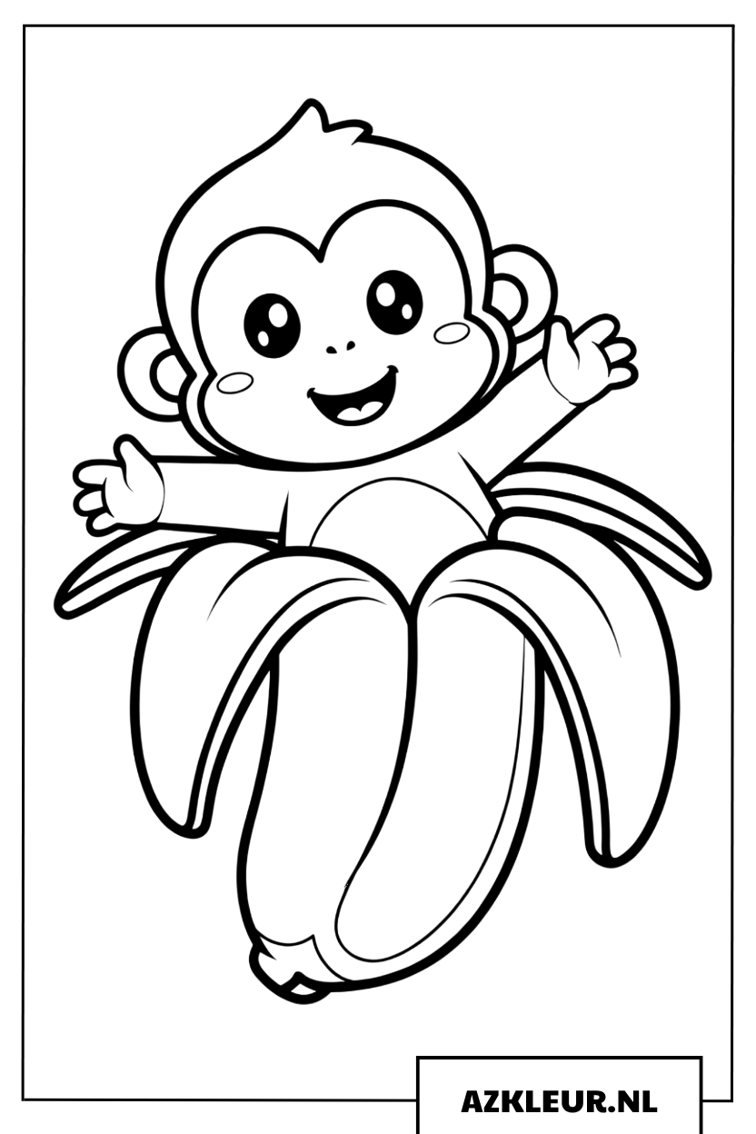 Schattige baby aap komt uit een grote bananenschil Kleurplaat
