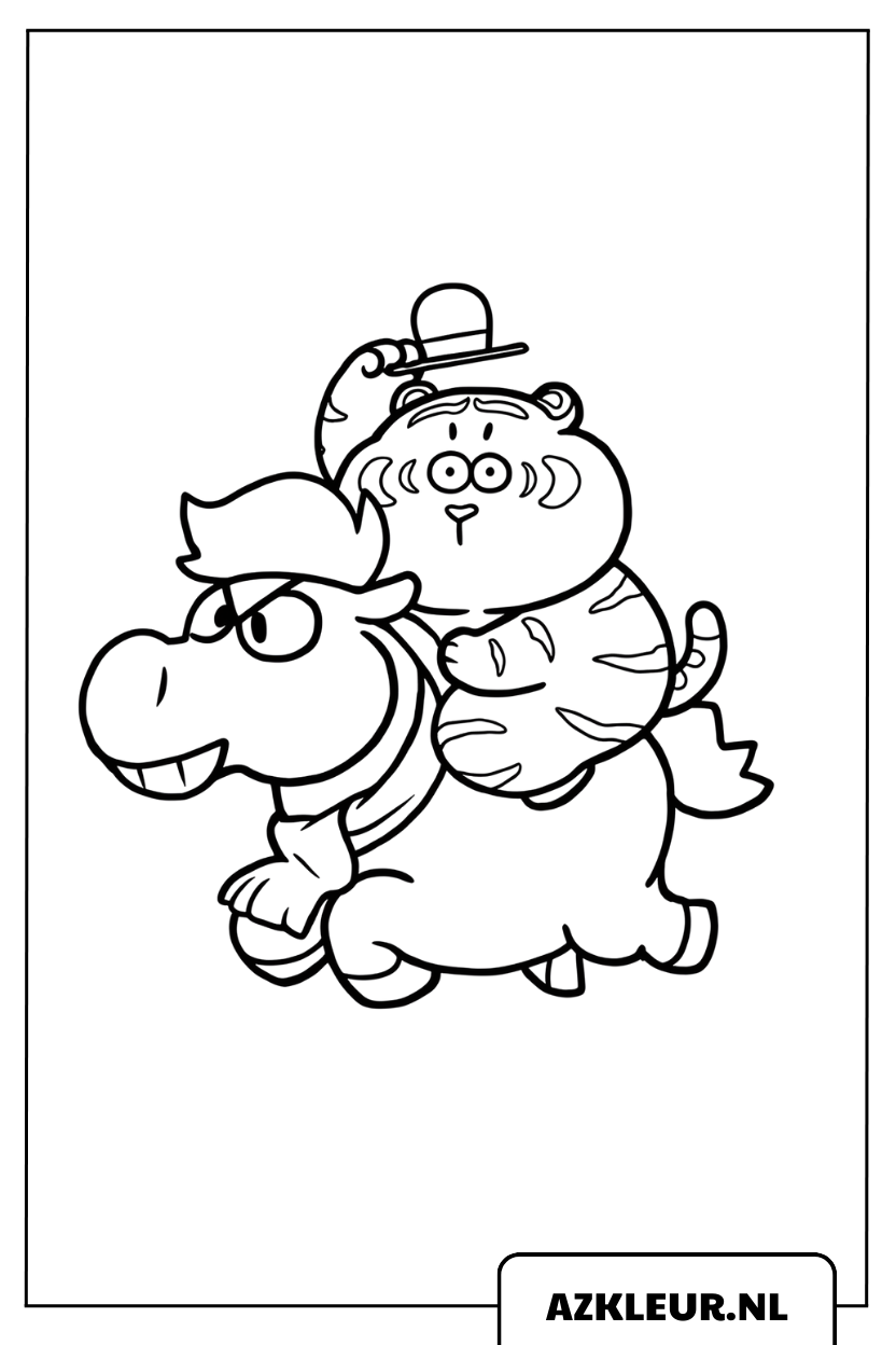 Schattige cartoon tijger die op een paard rijdt kleurplaat