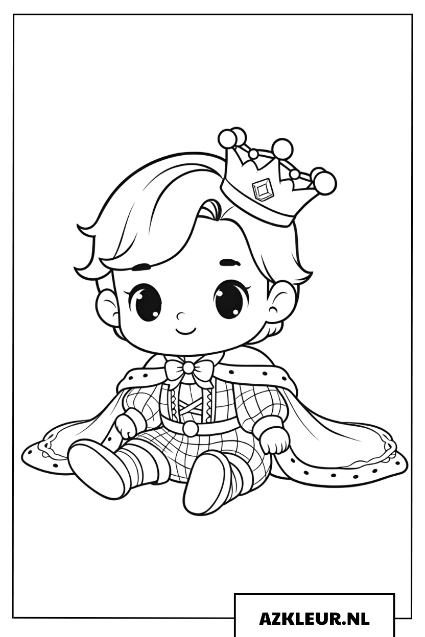 Schattige kleine prins met een kroon en een koninklijke mantel Kleurplaat