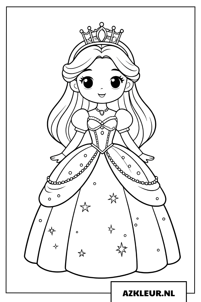Schattige kleine prinses in een mooie baljurk Kleurplaat