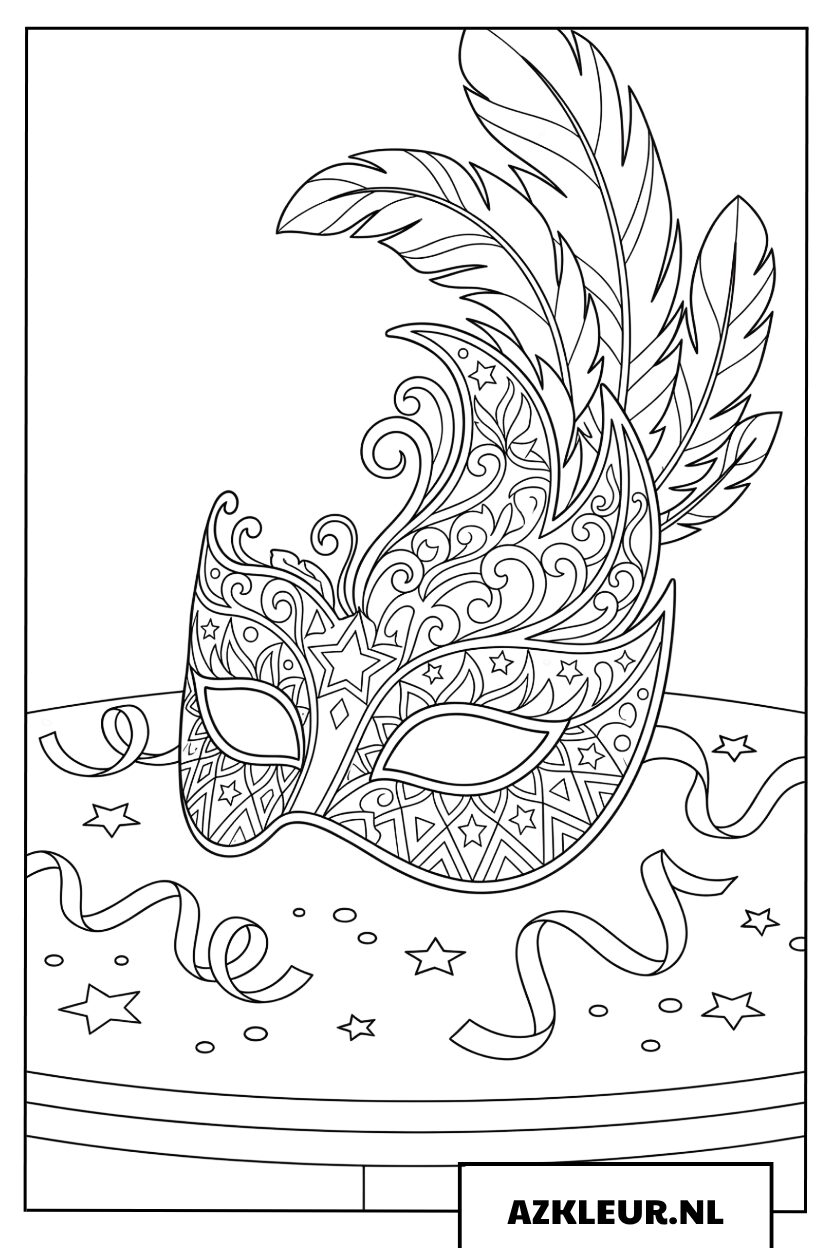 Schitterend masker met veren voor carnaval Kleurplaat
