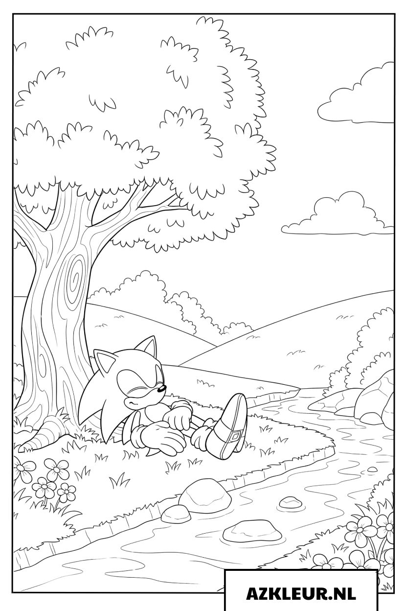 Sonic kleurplaat rustend bij een natuurlijke beek