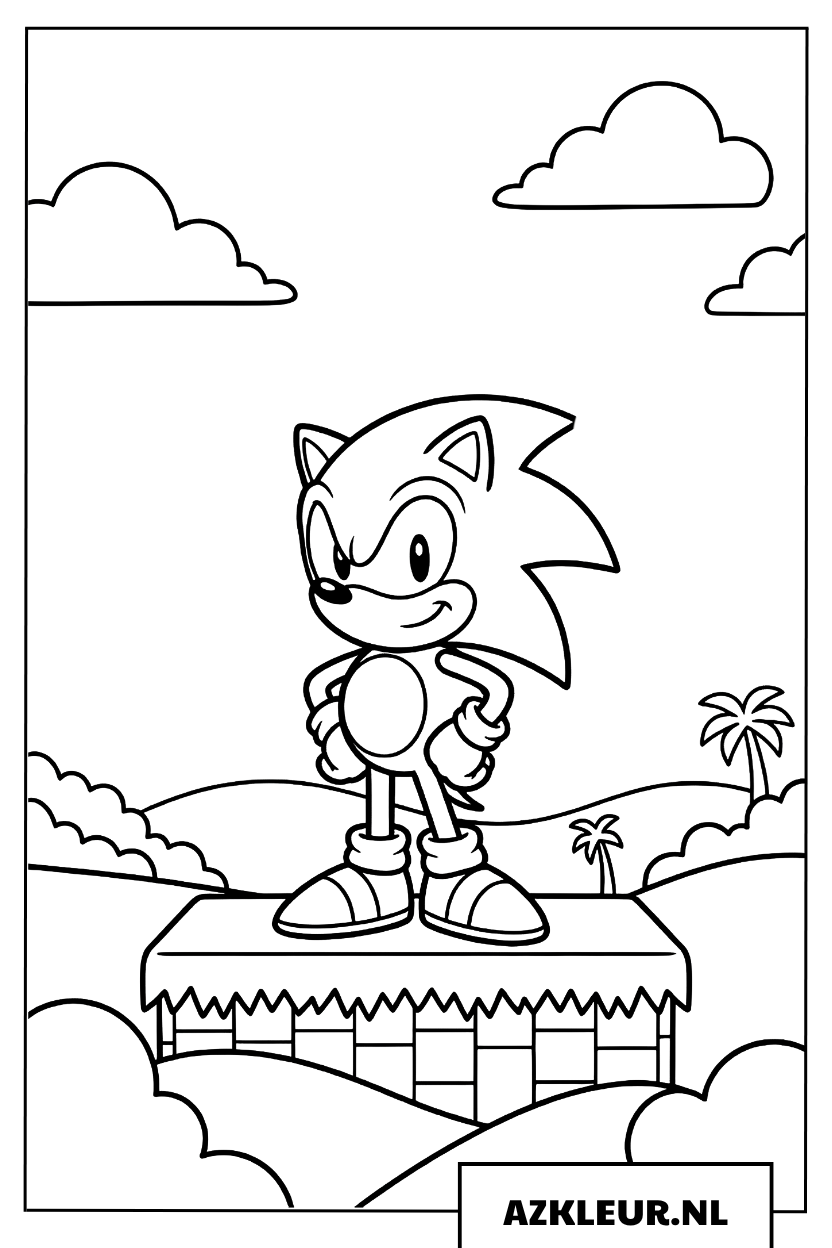 Sonic kleurplaat staand op een klif en genietend van het uitzicht