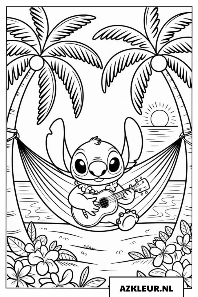 Stitch speelt ukelele in een hangmat op het strand