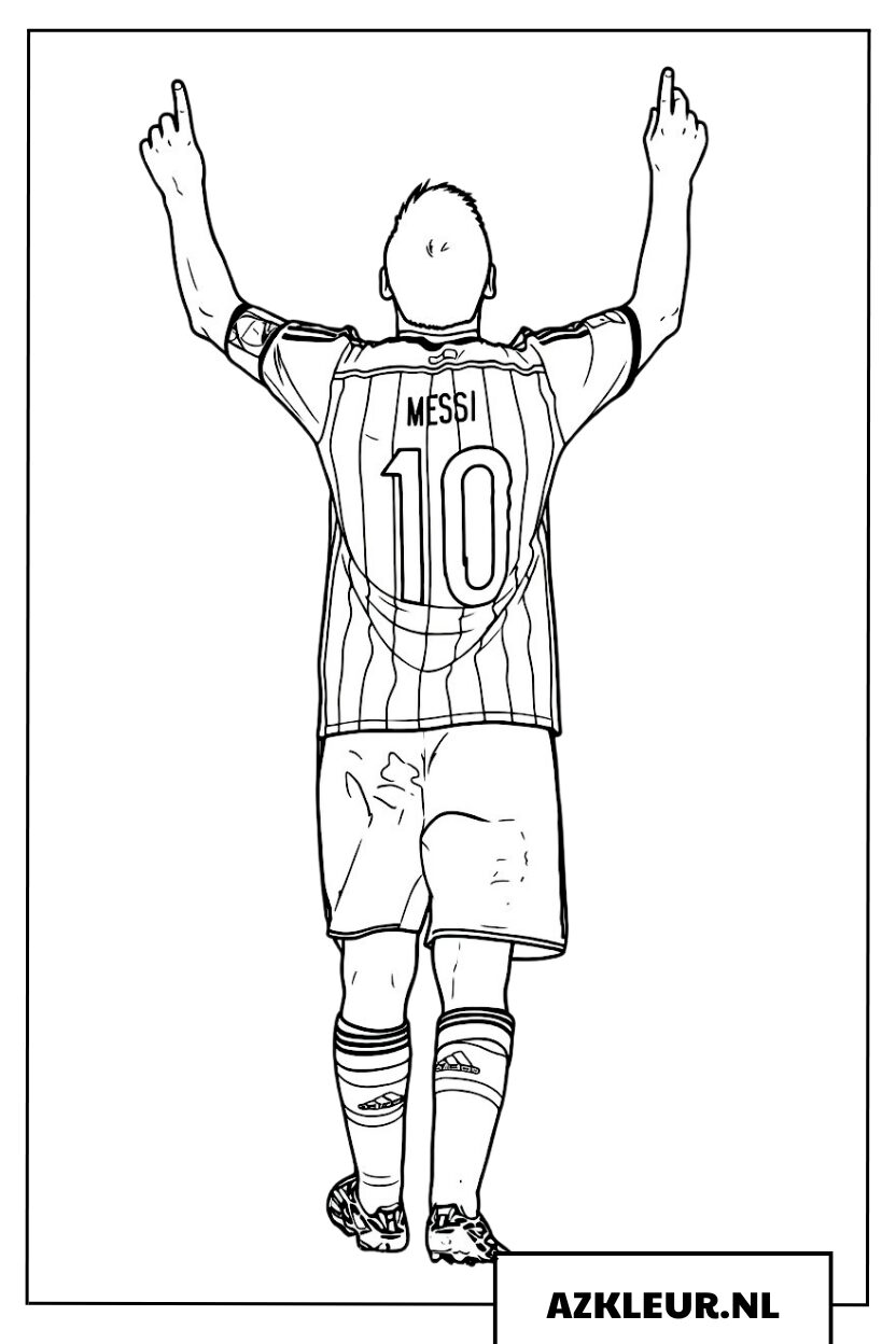 Superster Messi viert zijn doelpunt met beide handen in de lucht Kleurplaat
