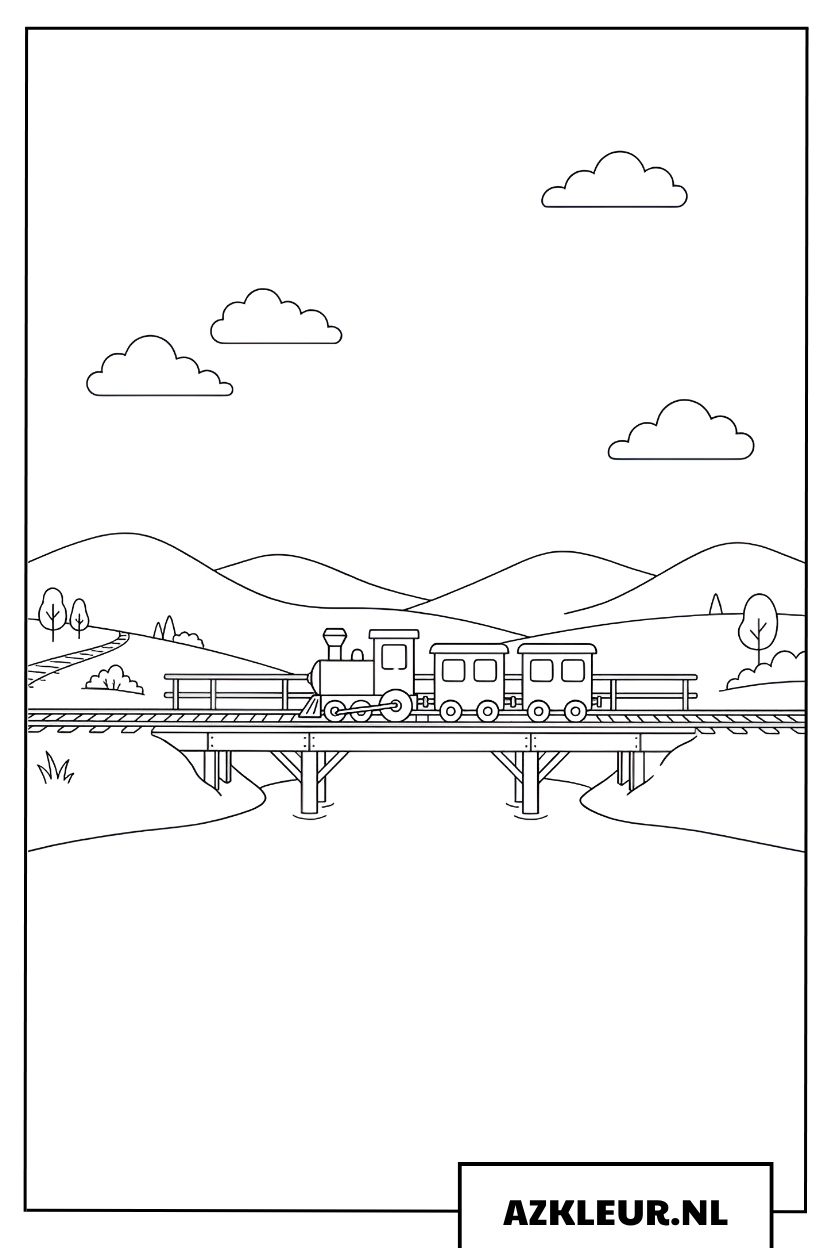 Trein op de brug kleurplaat