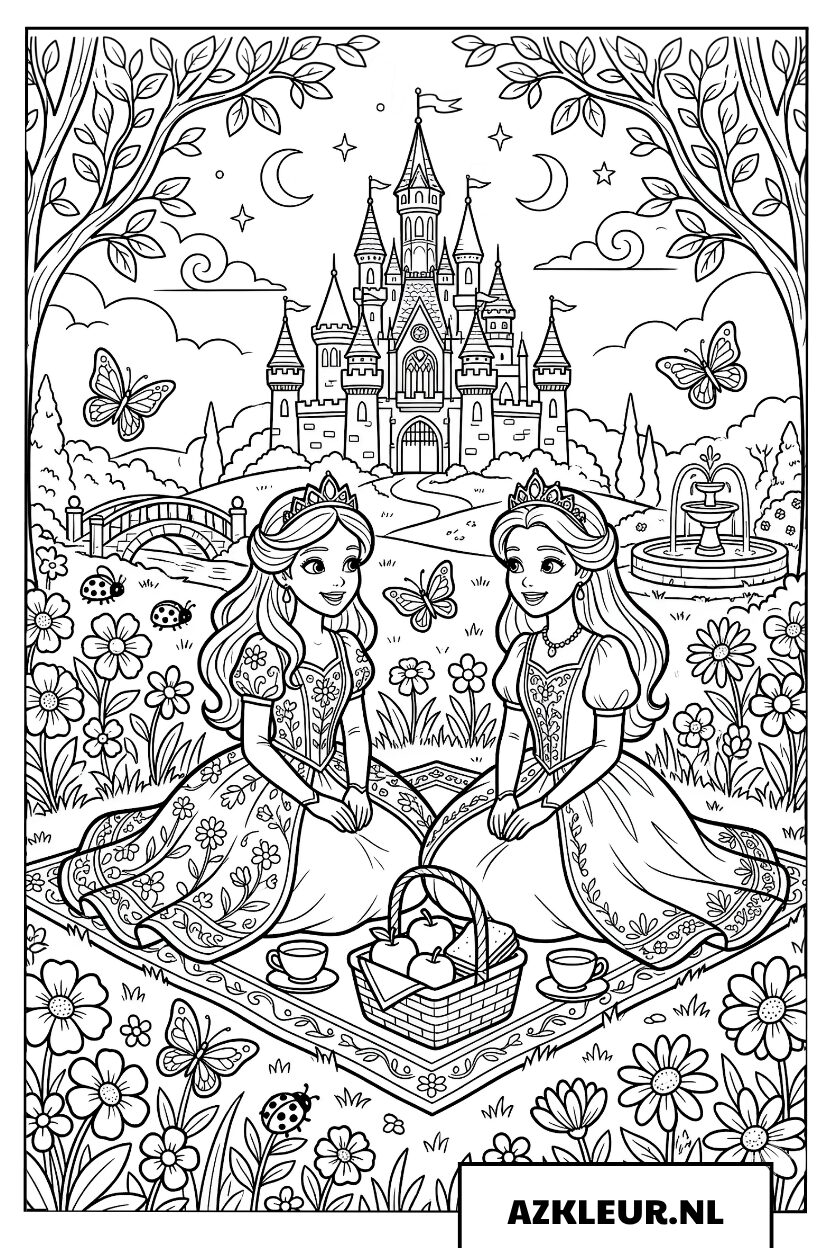Twee prachtige prinsessen picknicken bij het kasteel Kleurplaat