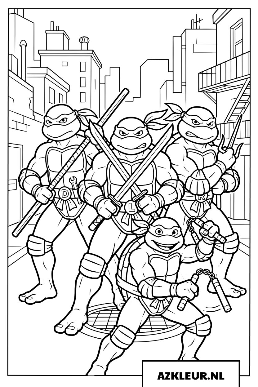 Vier Ninja Turtles klaar om de stad te beschermen Kleurplaat