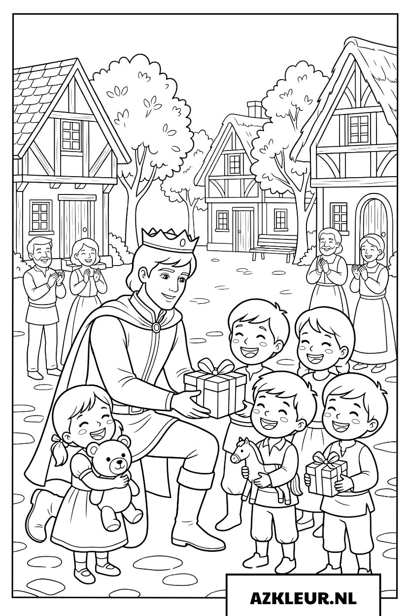Vriendelijke prins geeft cadeautjes aan kinderen in het dorp Kleurplaat