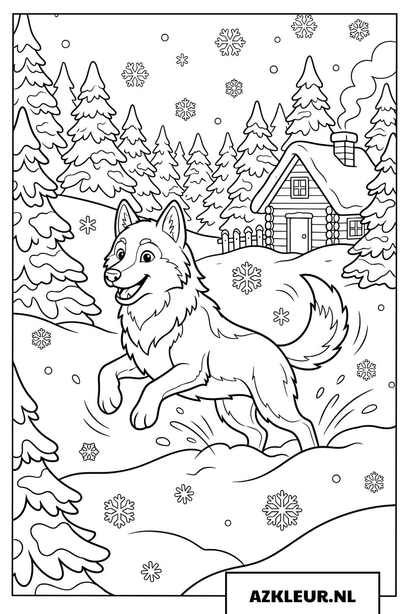 Vrolijke wolf rent door het winterse sneeuwbos Kleurplaat