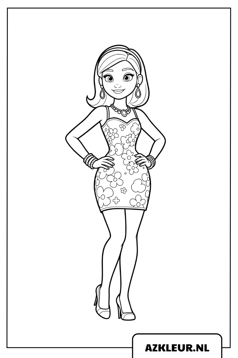 kleurplaat Elegant Model Meisje In Avondjurk