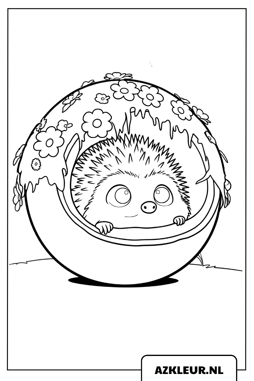 kleurplaat Schattige Egel in een Bloemenbol