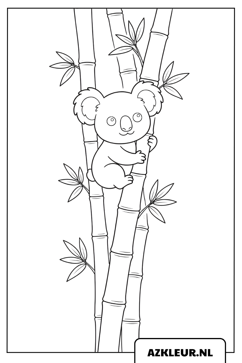kleurplaat koala klimt op een bamboeboom