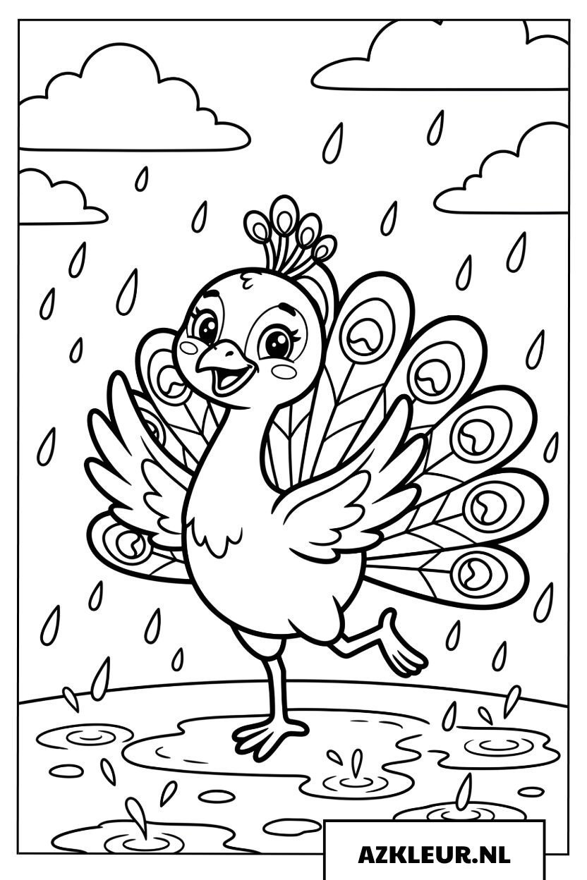 Dansende pauw in de zachte regen Kleurplaat