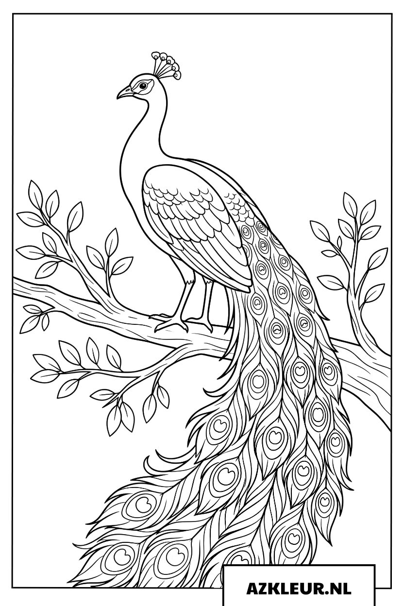 Elegante pauw rustend op een boomtak Kleurplaat