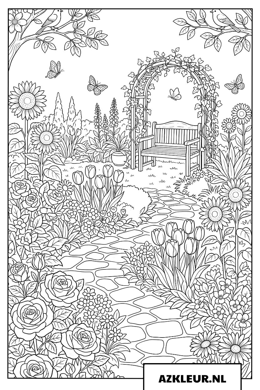 Grindpad dat leidt naar een bloemrijke poort Kleurplaat