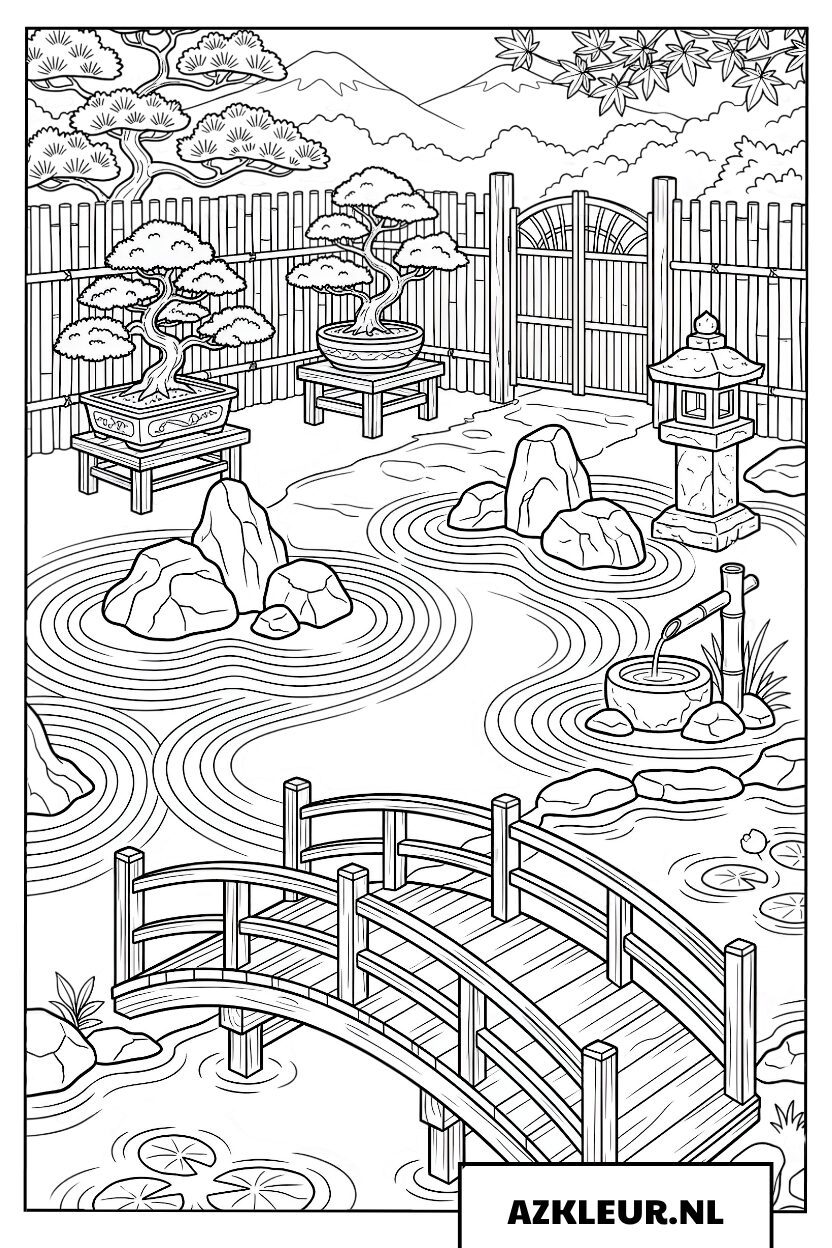 Japanse zentuin met houten brug en stenen Kleurplaat