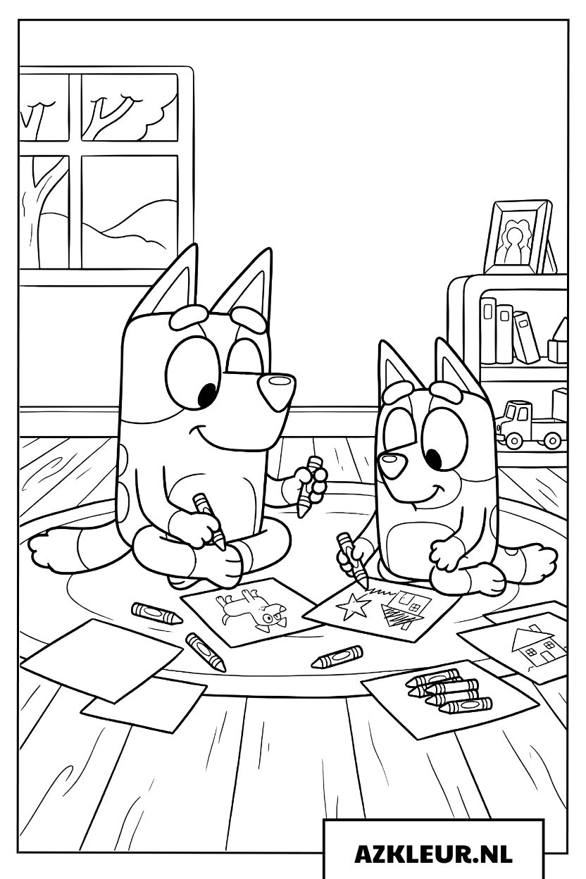 Kleurplaat Bluey en Bingo tekenen samen