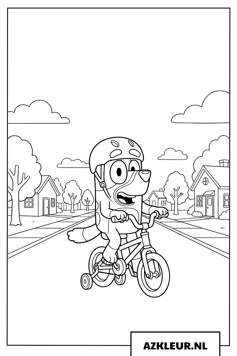Kleurplaat Bluey leert fietsen