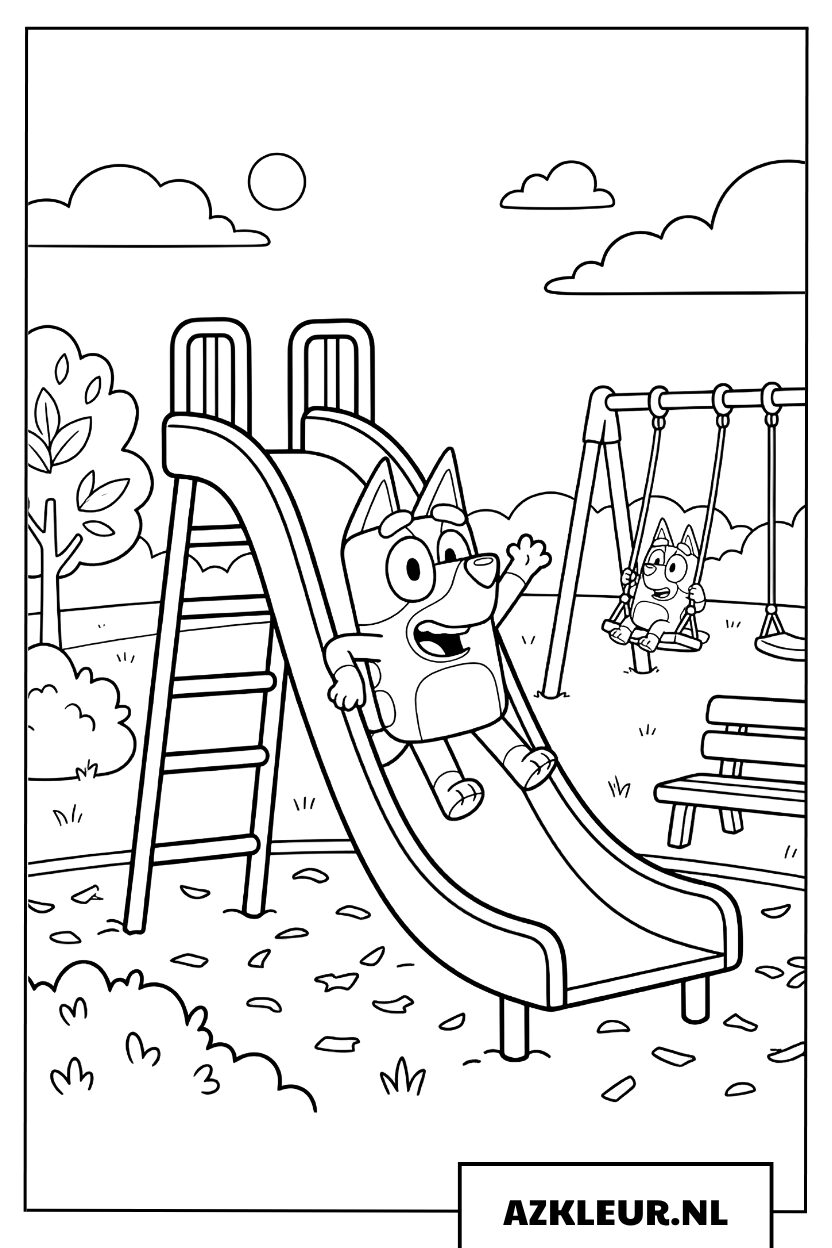 Kleurplaat Bluey op de glijbaan in het park