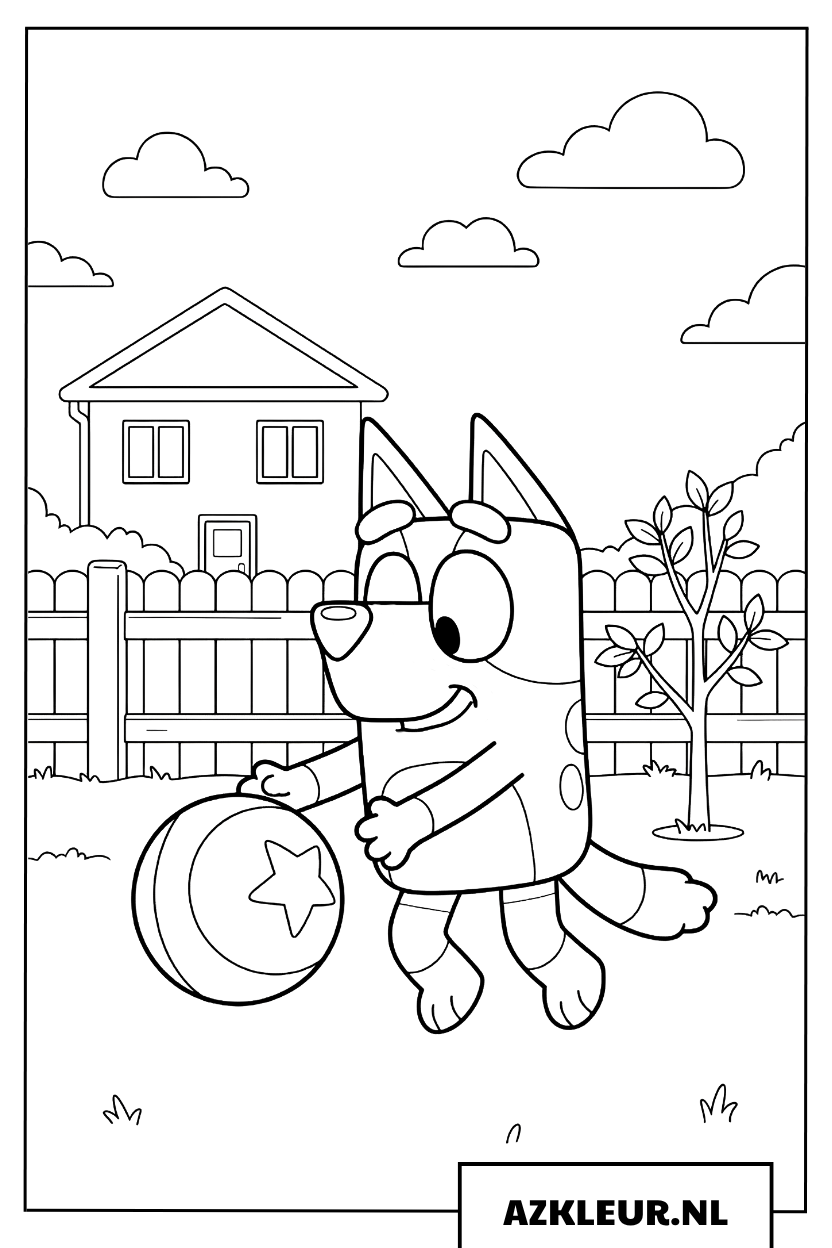 Kleurplaat Bluey speelt met een bal buiten