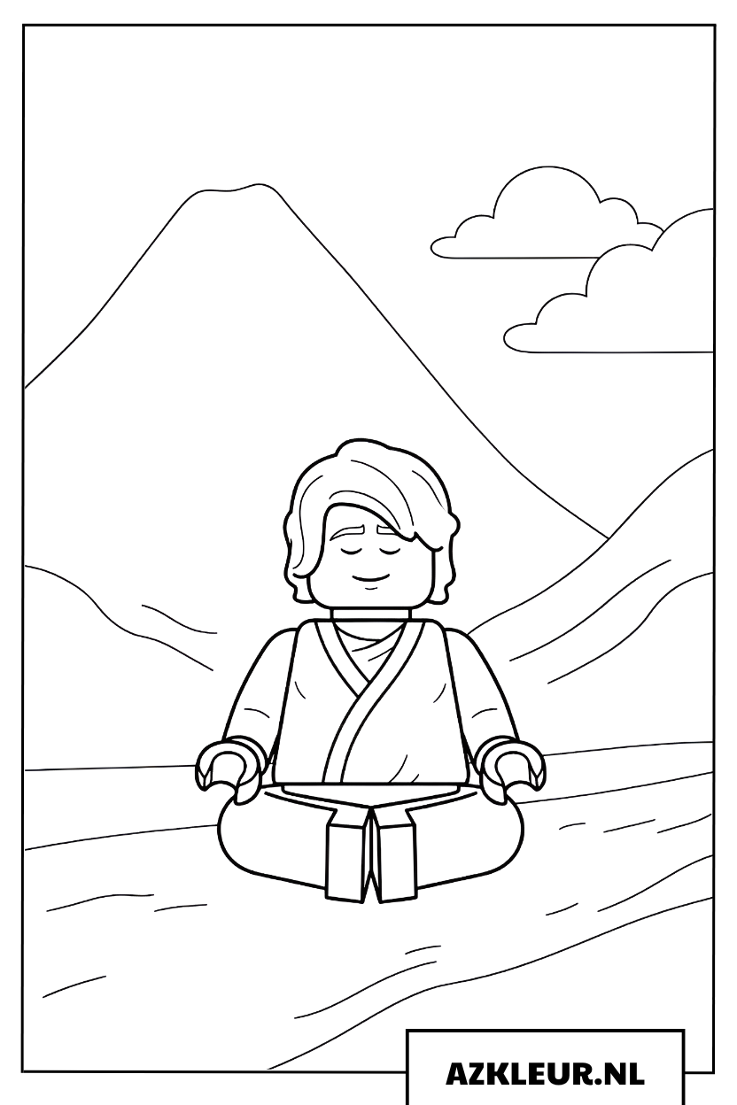 Kleurplaat Ninja mediteert aan de voet van de berg
