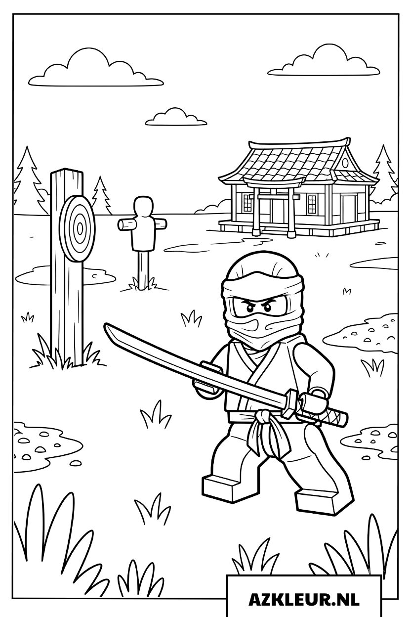 Kleurplaat Ninja traint met zwaard