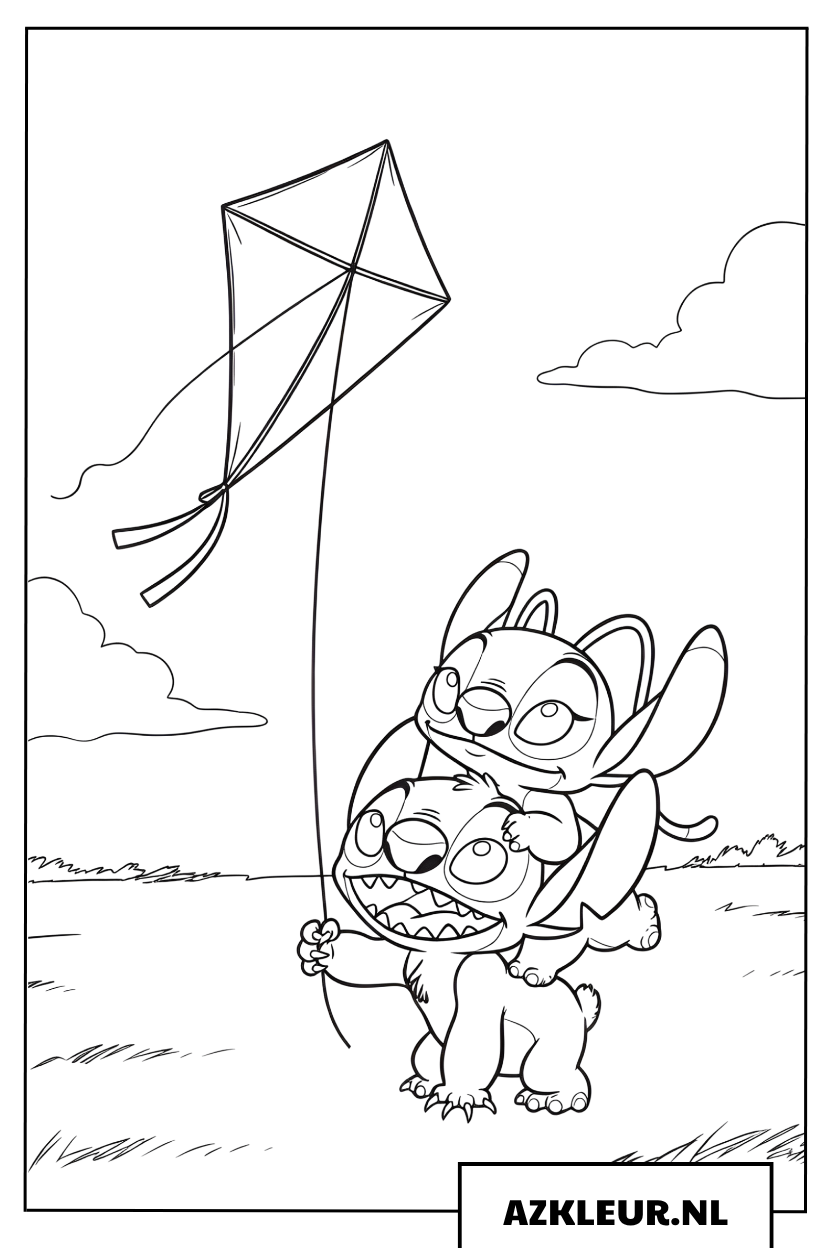 Kleurplaat Stitch draagt Angel en laat een vlieger op