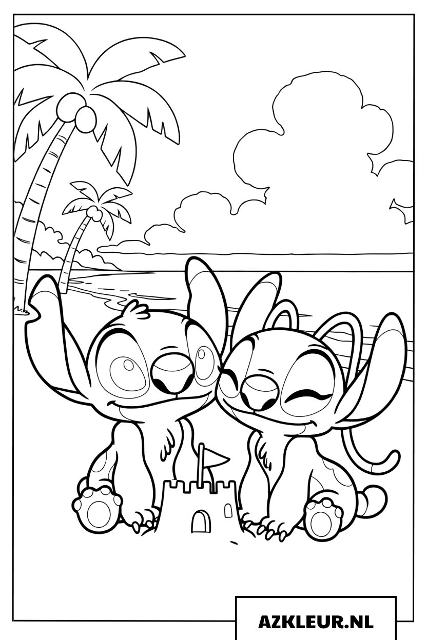 Kleurplaat Stitch en Angel bouwen een zandkasteel