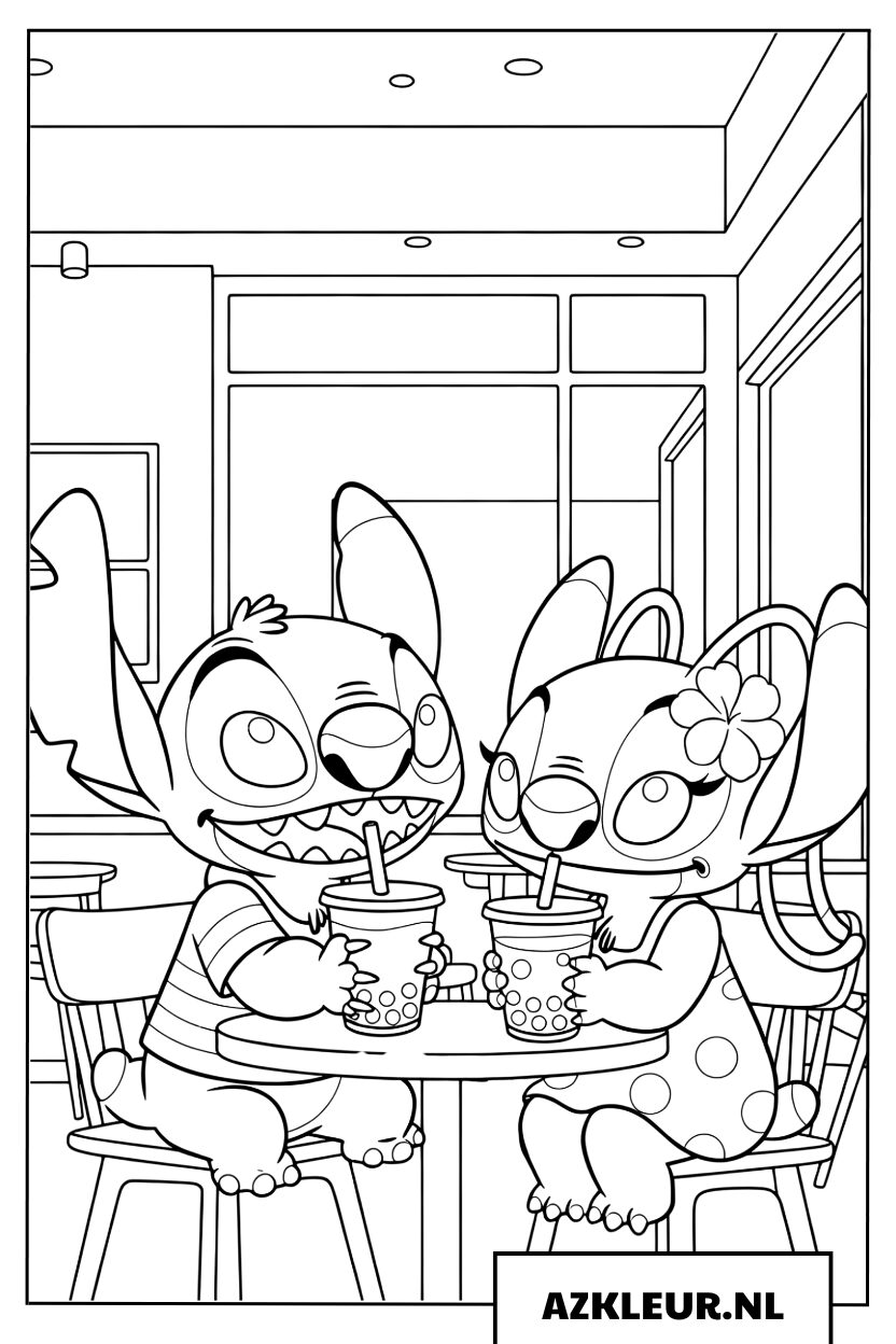 Kleurplaat Stitch en Angel drinken sap op een date