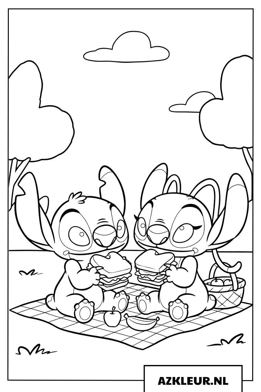 Kleurplaat Stitch en Angel gaan op picknick