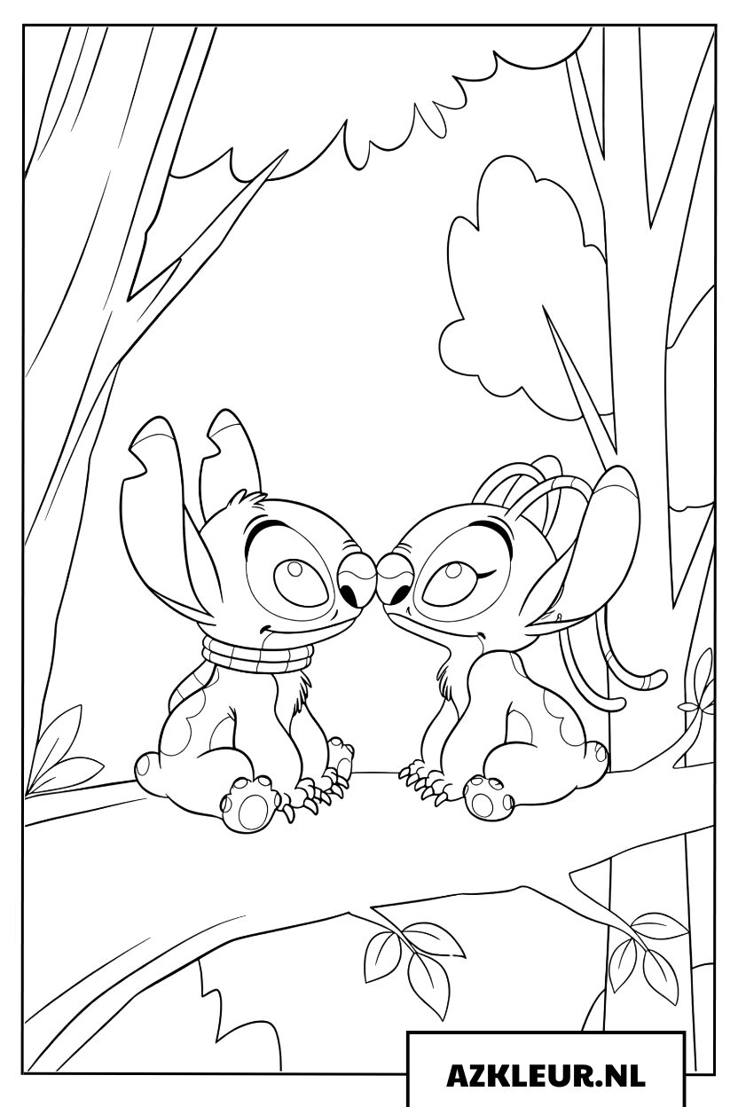 Kleurplaat Stitch en Angel praten op een boomtak
