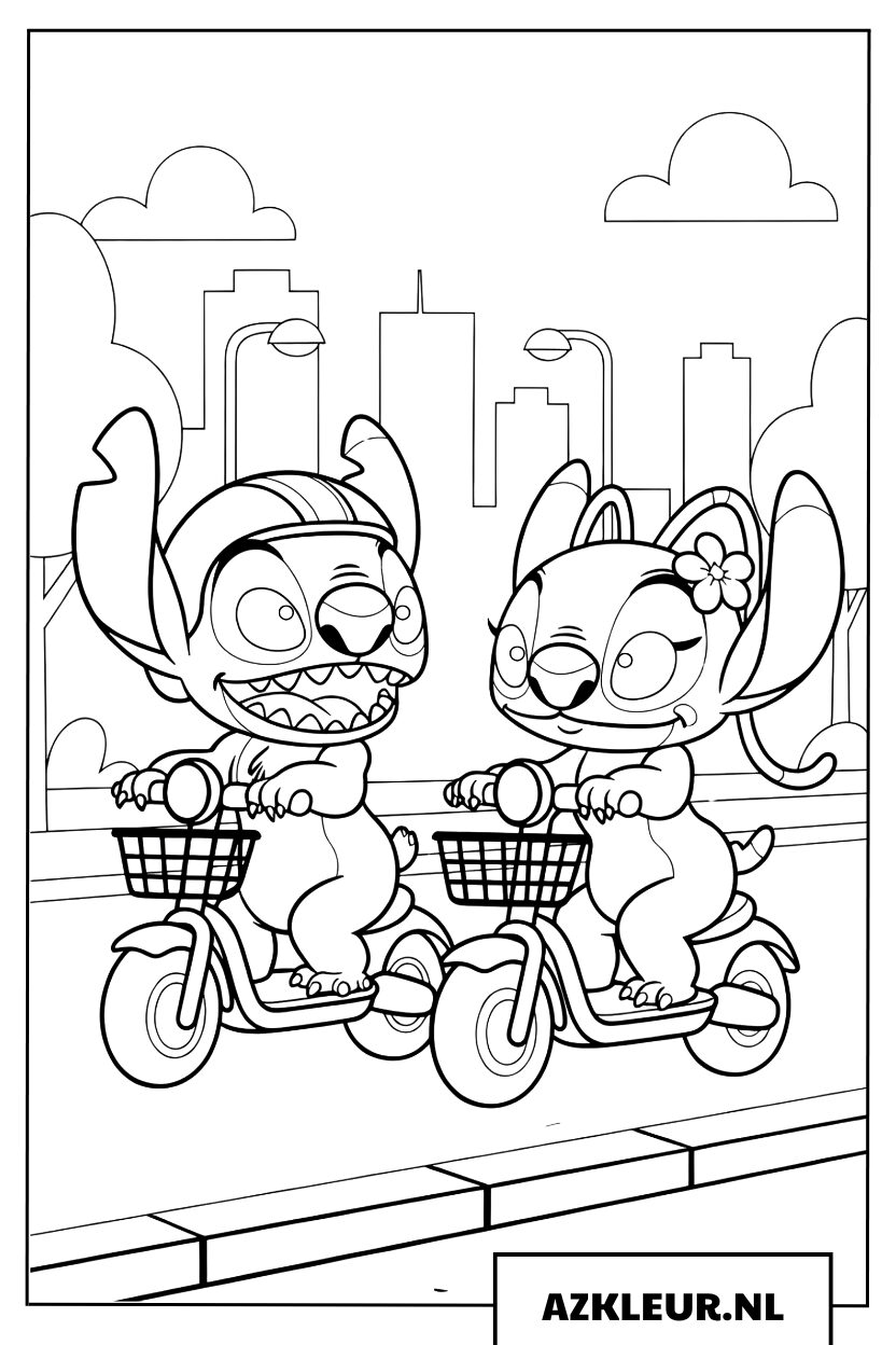 Kleurplaat Stitch en Angel rijden op scooters